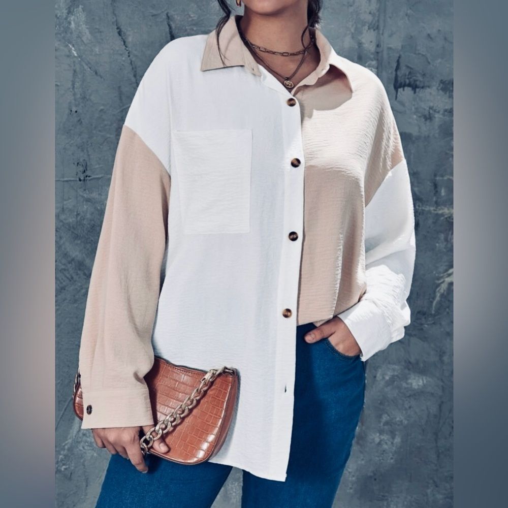 ANNA KACI Tan/White Color Block Textured Button Up, Women’s XL